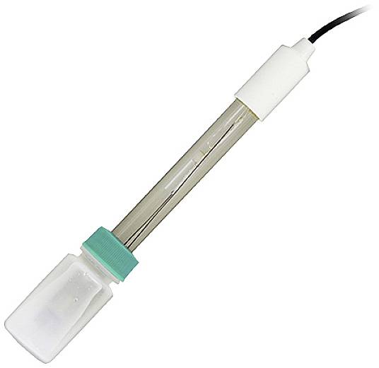 Egy átlátszó elektródaszenzor kábellel, amelyet folyadékok pH-értékének mérésére használnak.