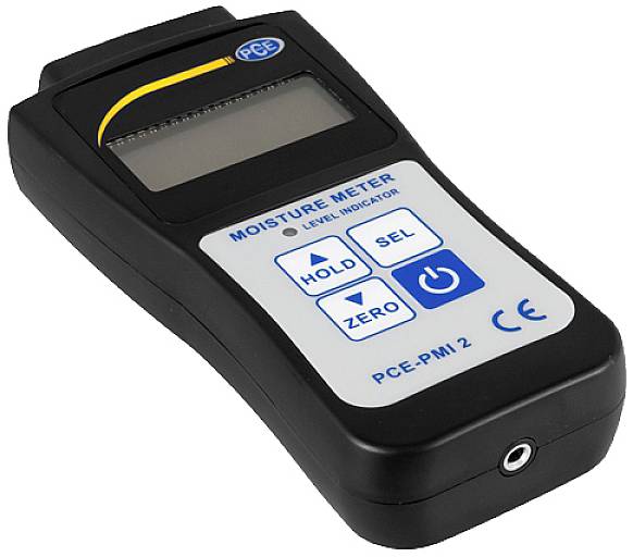 Egy hordozható nedvességmérő készülék digitális kijelzővel és kezelőgombokkal (Hold, Sel és Zero funkciókkal). CE-jelöléssel ellátva.