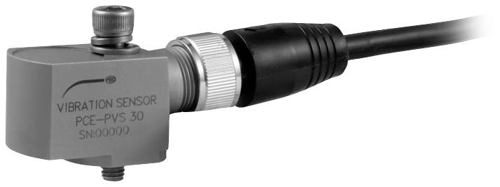 Vibrációs érzékelő csatlakozókábellel, 'Vibration Sensor PCE-PVS 30' jelöléssel.