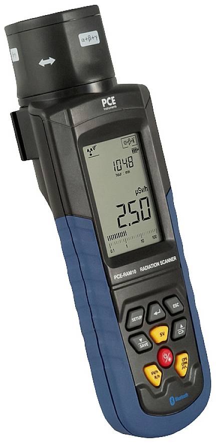 Egy sugárzásmérő műszer a kijelzőjén 250 µSv/h értéket mutat. Több kezelőgomb is található alatta.