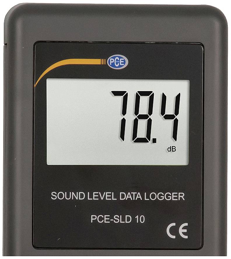 A hangszintmérő '78,4 dB'-t mutat a kijelzőn. A készülék egy PCE-SLD 10 típusú hangszint-adatgyűjtő.