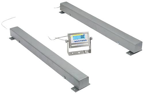 Két hosszú, keskeny fémplatform egy elektronikus kijelzővel középen, amelyen egy nullát mutató kijelzés látható.