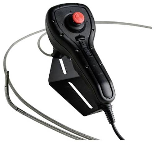 Fekete vezetékes joystick-stílusú ipari vezérlőkar piros vészleállító gombbal és rögzítési konzollal