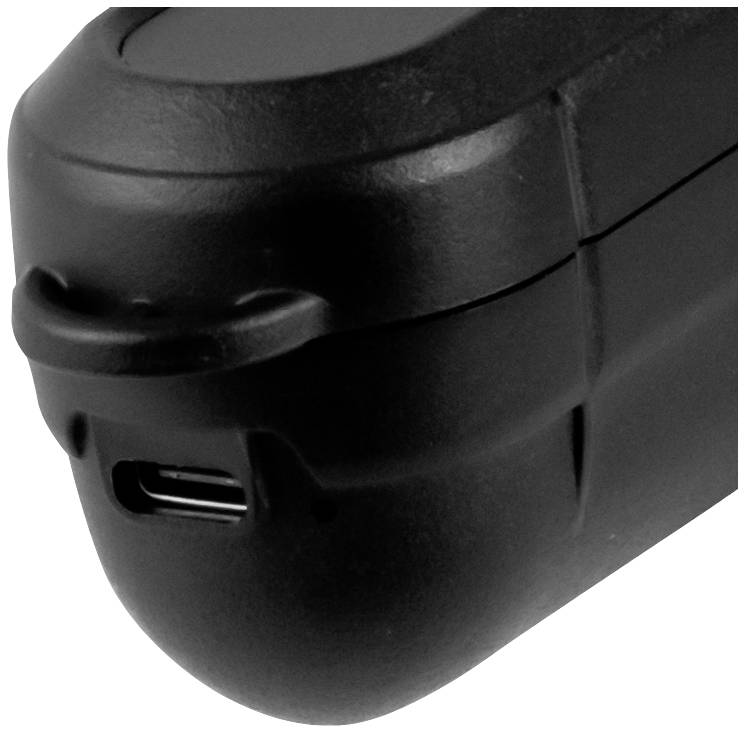 Fekete ház USB-C csatlakozóval, valószínűleg egy töltő vagy dokkoló állomás egy eszközhöz.