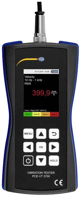 Kézi vibrációmérő műszer, 399,9 mm/s sebességet mutat. Kezelőpanel menügombokkal, opciókkal és Hold funkcióval.