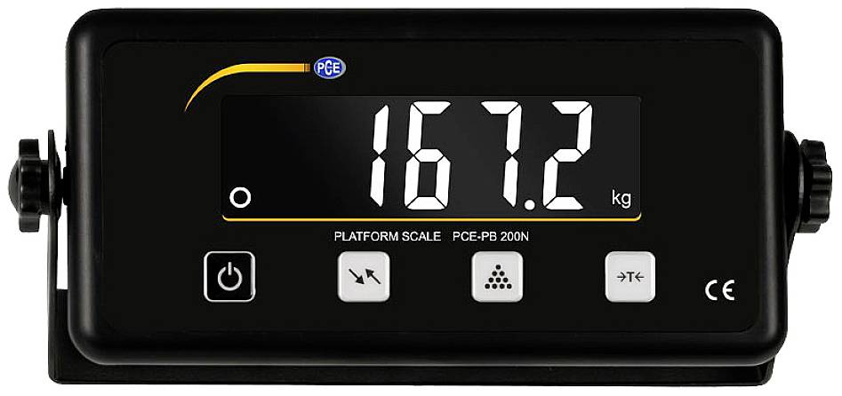 Egy digitális mérleg kijelzőjén '167,2 kg' látható. A négy nyomógomb alatta: Be/Ki, Tára, Egységek, Nyomtatás.