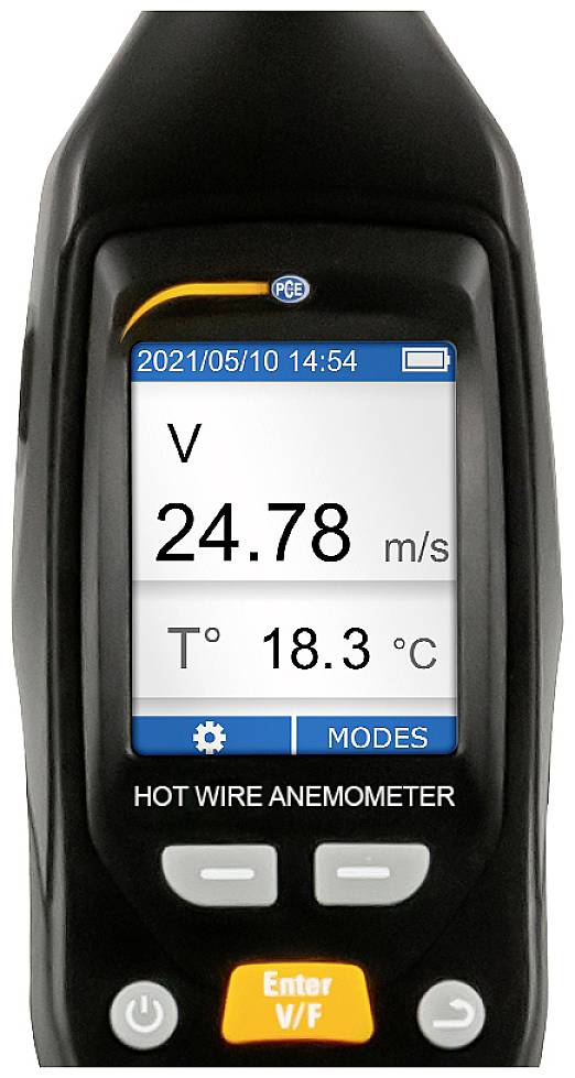 Egy anemométer 24,78 m/s sebességű szelet és 18,3 °C hőmérsékletet mutat. Kijelzés ideje: 2021.05.10., 14:54.