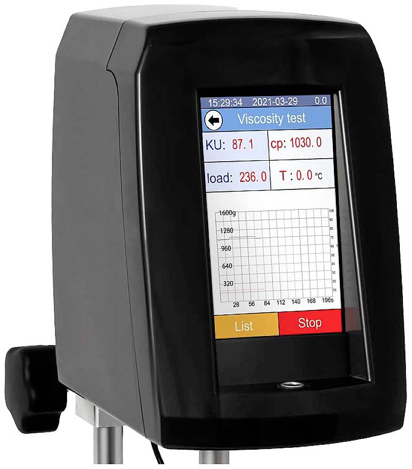 Fekete digitális viszkozimérő kijelzővel; kijelzi: 'Viszkozitás teszt', KU: 87.1, cp: 1030.0, terhelés: 236.0, T: 0.0°C, és diagram.