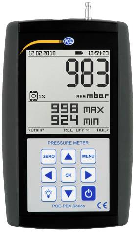 Digitális nyomásmérő műszer mutatja a dátumot '2018.02.12', időpontot '13:54:23', nyomás '983 mbar', legmagasabb érték '998', legalacsonyabb érték '924'.