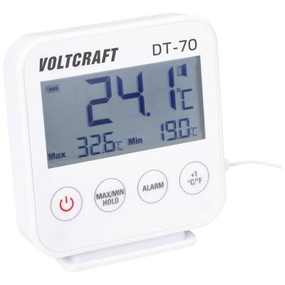 Voltcraft DT-70 digitális hőmérő 24,1°C-ot mutat, maximális hőmérséklet 32,6°C, minimális hőmérséklet 19,0°C, három gombbal.