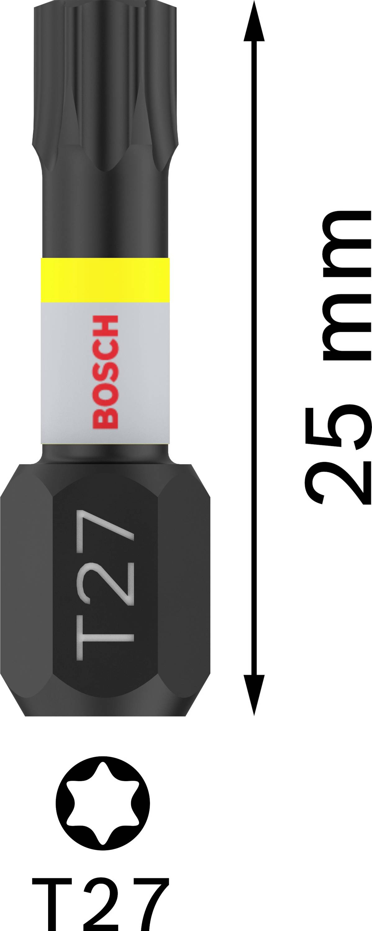 'Bosch T27' csavarozóbit, Torx-profil, 25 mm hosszúságú fekete-sárga markolattal. A jelölés a 'T27' méretet mutatja.