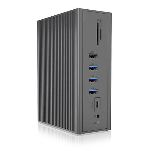 Egy fekete elektronikai eszköz több USB-csatlakozóval és egy SD-kártya foglalattal, valószínűleg egyfajta dokkoló állomás.