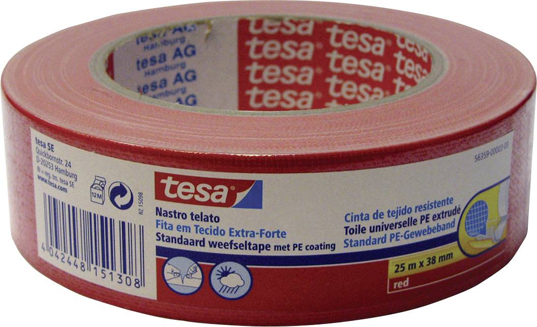 Piros Tesa ragasztószalag tekercs, 25 m x 38 mm, erős felhasználásra alkalmas, többnyelvű terméktájékoztatóval.