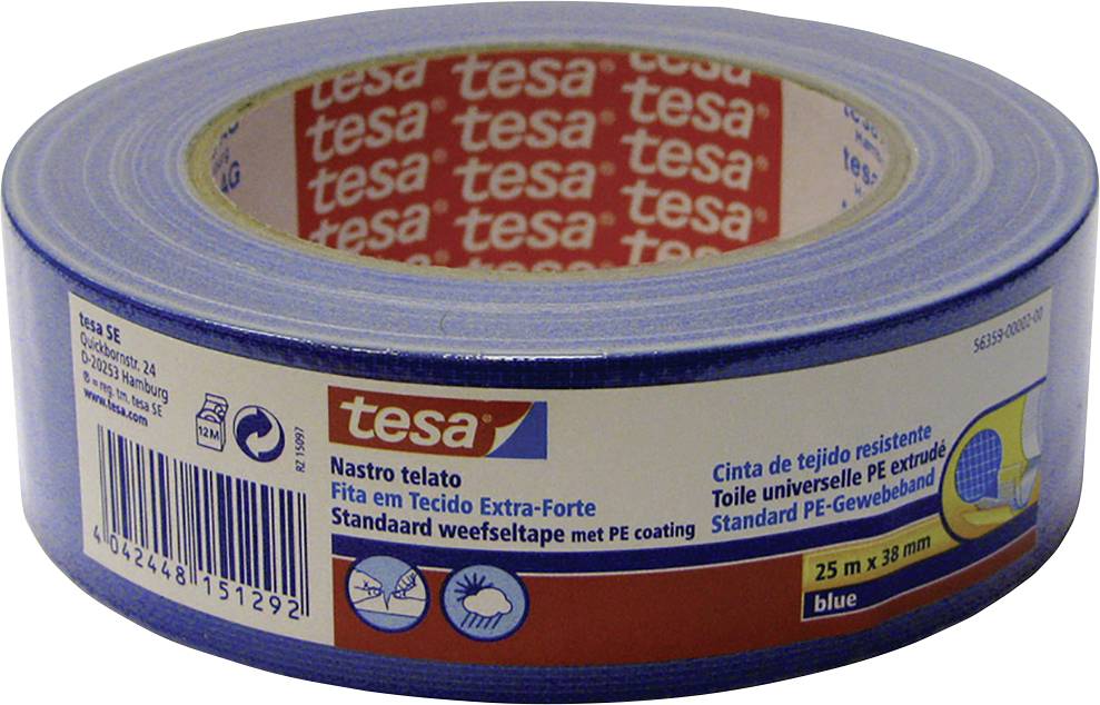 Egy 25 m x 38 mm méretű kék Tesa szöveterősítésű ragasztószalag. A több nyelven feltüntetett felirat erős, PE-bevonatú ragasztószalagként írja le.