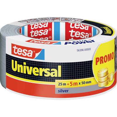 Egy tekercs ezüstszínű ragasztószalag, amelyen a 'tesa Universal' felirat szerepel, további 'Extra Power', 'PROMO' jelzésekkel és méretadatokkal: 25m + 5m x 50mm.