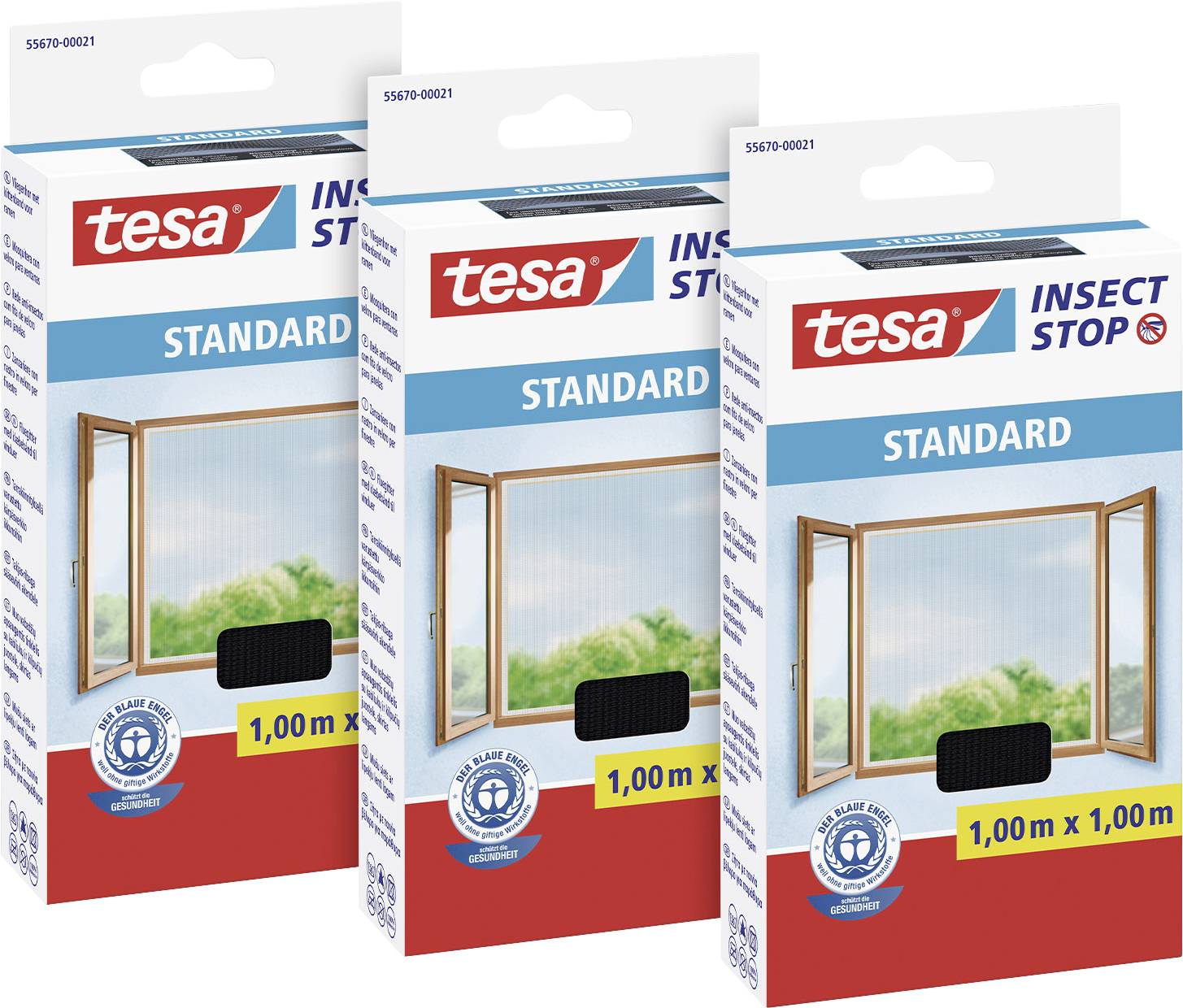 Három Tesa Insect Stop Standard szúnyogháló, egyenként 1,00 m x 1,00 m méretben, felhős kék ég előtt.