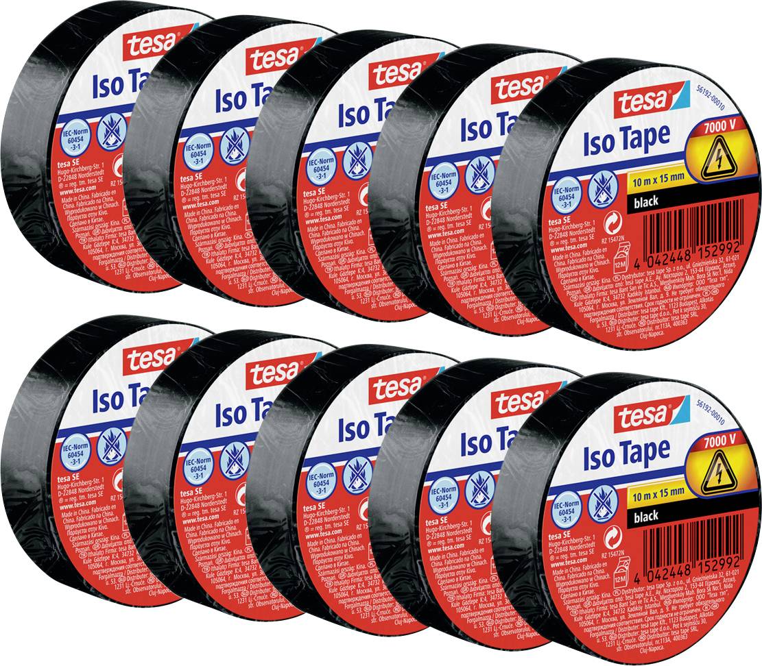 tesa 56192 Szigetelőszalag Fekete (H x Sz) 10 m x 15 mm 10 db