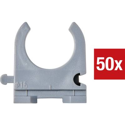 Szürke csőbilincs, 16 mm átmérőhöz alkalmas, piros háttéren '50x' jelöléssel ellátva.