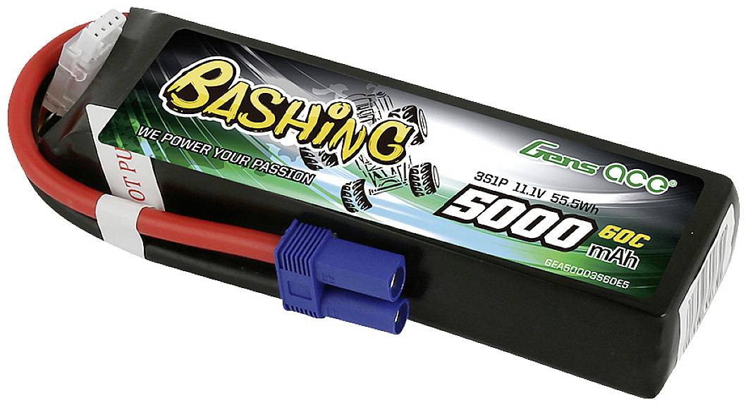LiPo akkumulátor, 5000 mAh, 60C, 3S1P, 11,1V. Fekete ház kék csatlakozóval és piros kábelekkel, márkaneév 'Gens Ace'.