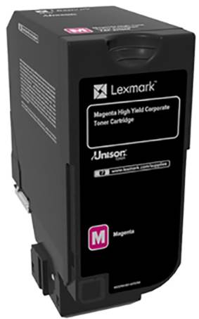 Lexmark márkájú fekete toner kazetta, amelyen a 'Magenta High Yield Corporate Toner Cartridge' felirat szerepel.