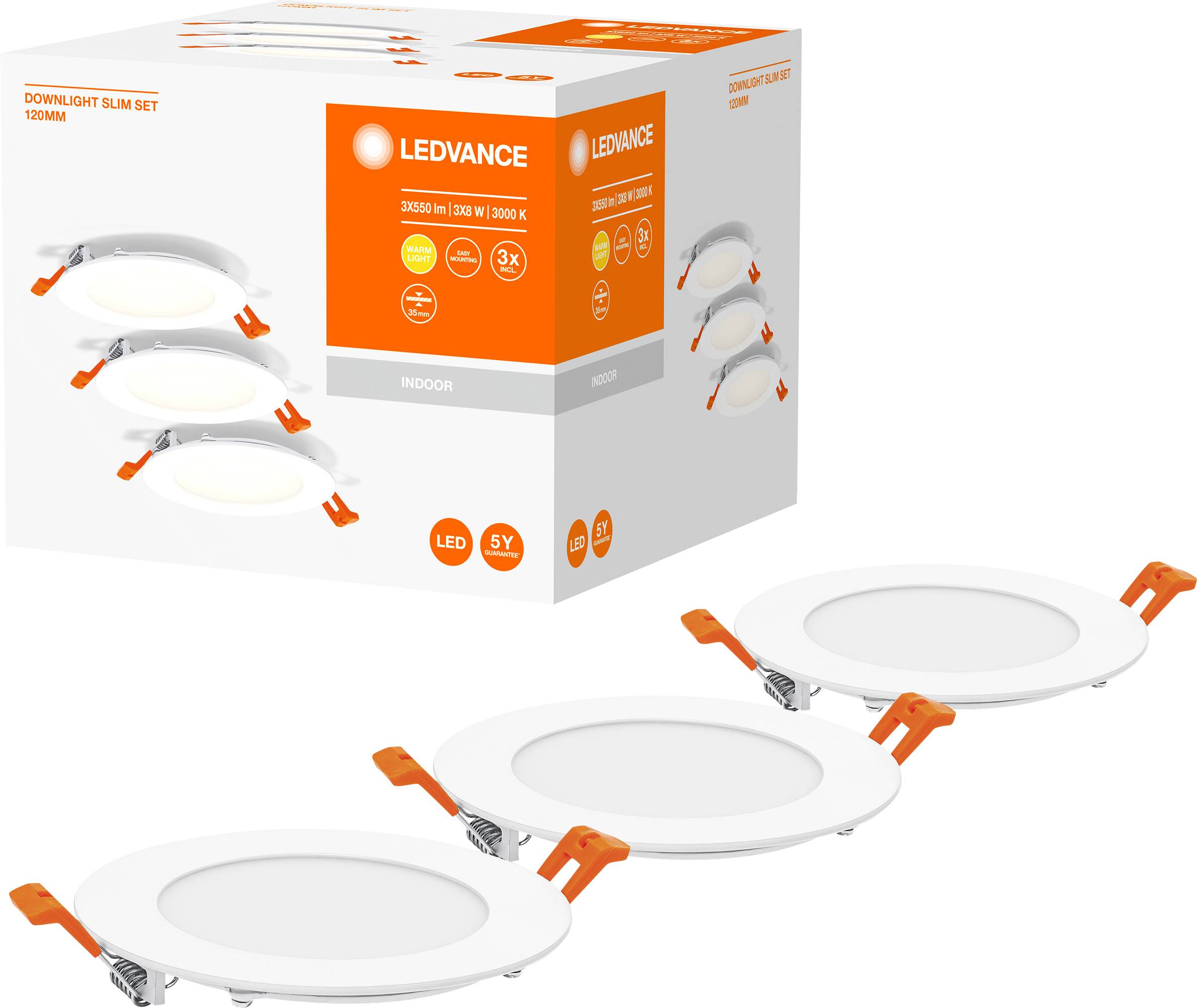 Egy Ledvance LED-beépíthető lámpa szett csomagolása. Három kerek lámpa látható, 5W-os LED, 3000K színhőmérsékletű, beltéri használatra alkalmas.