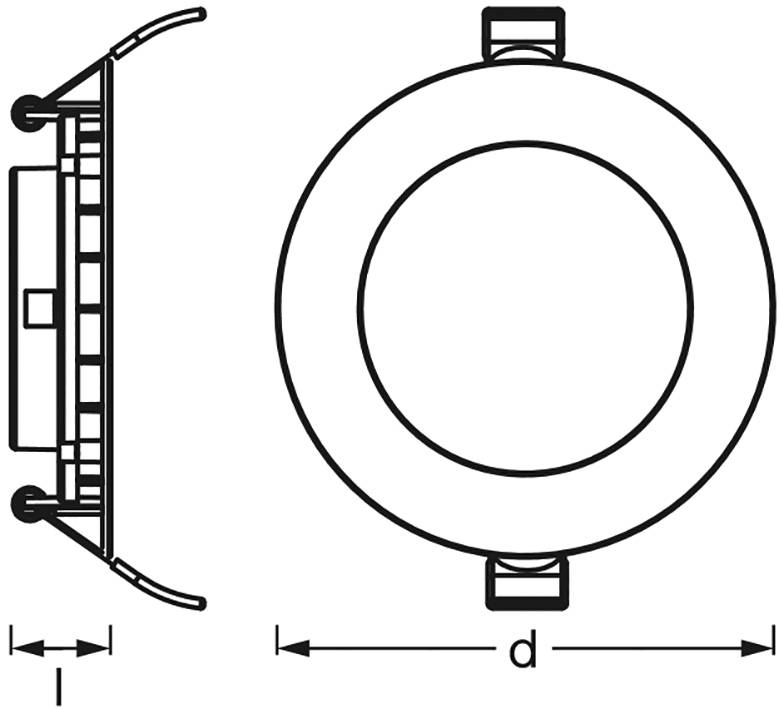 Műszaki rajz egy kerek süllyesztett lámpatestről oldalnézetben és felülnézetben, 'd' és 'l' méretekkel a átmérő és mélység jelöléséhez.