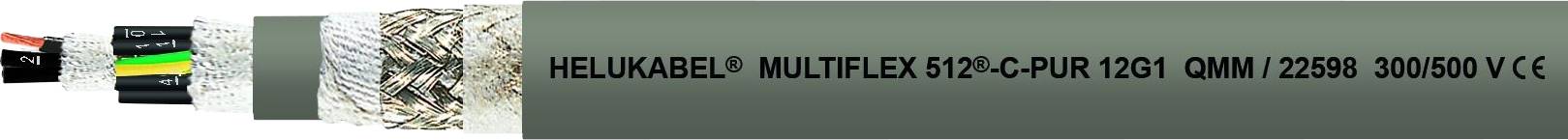 Egy szürke kábel, amelyen a 'HELUKABEL MULTIFLEX 512-PUR 12G1 0MM² 22959 300/500 V CE' felirat szerepel, belső vezetőket és árnyékolást mutat.