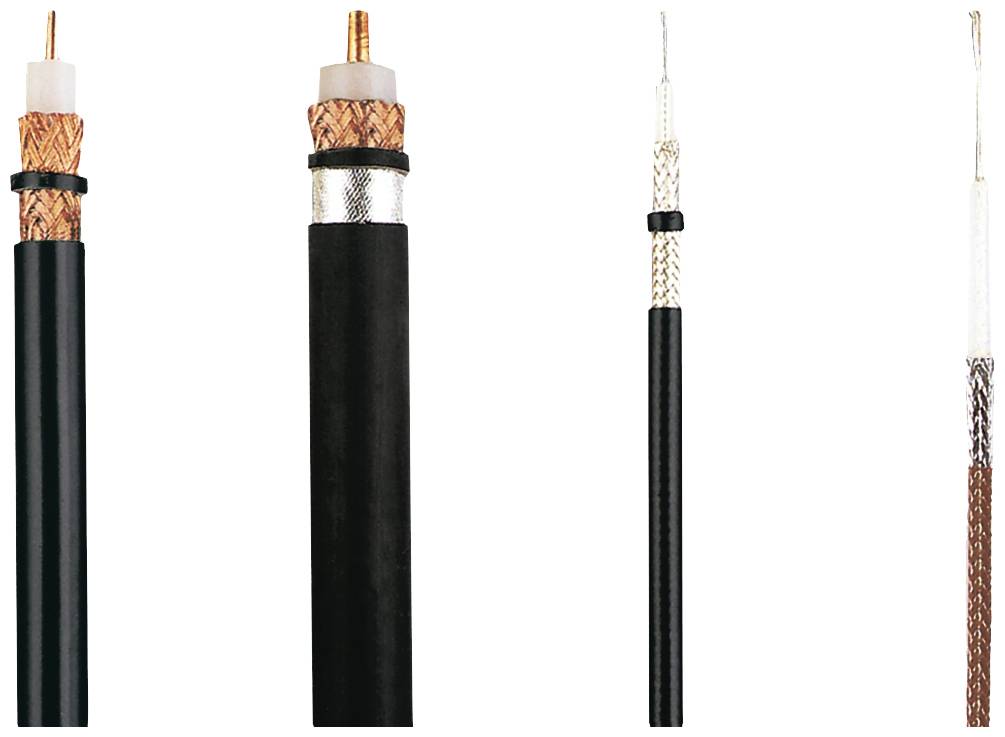 Négy különböző koaxiális kábel, eltérő vastagságokkal és burkolatokkal egy sorban. A bal szélső kábel a legvastagabb.