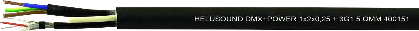 Egy fekete szigetelésű, többeres kábel. Felirata: 'HELIOSOUND DMX POWER 1x20.25+G0.15 QIMJ 404151'.