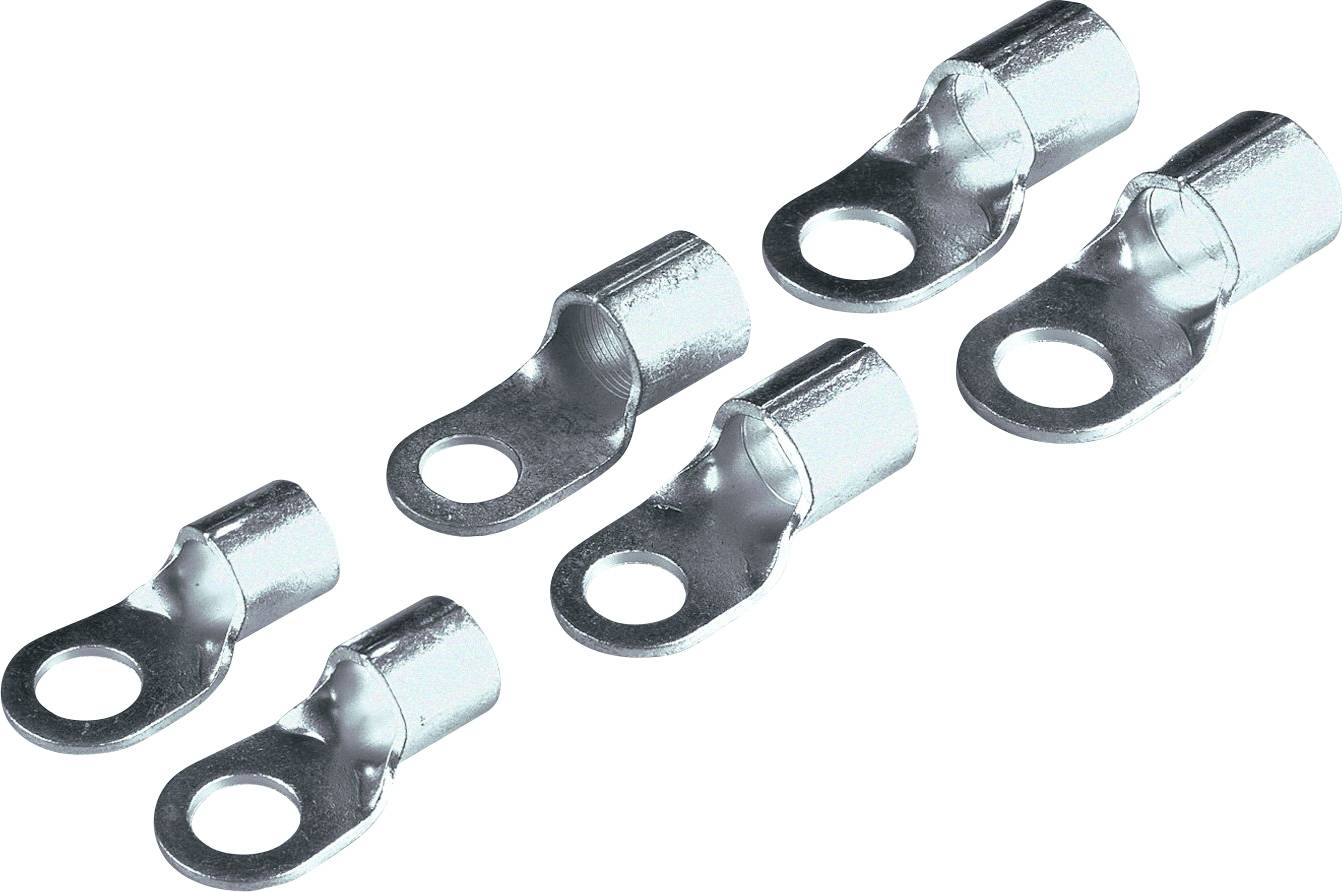 Öt ezüst kábelsaru, egymás mellé rendezve. Fémből készültek, mindegyiknek van egy nyílása a kábel rögzítéséhez.