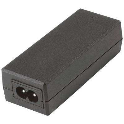 Fekete hálózati tápegység két csatlakozónyílással, négyszögletes formában. Alkalmas elektromos eszközök áramellátásához.