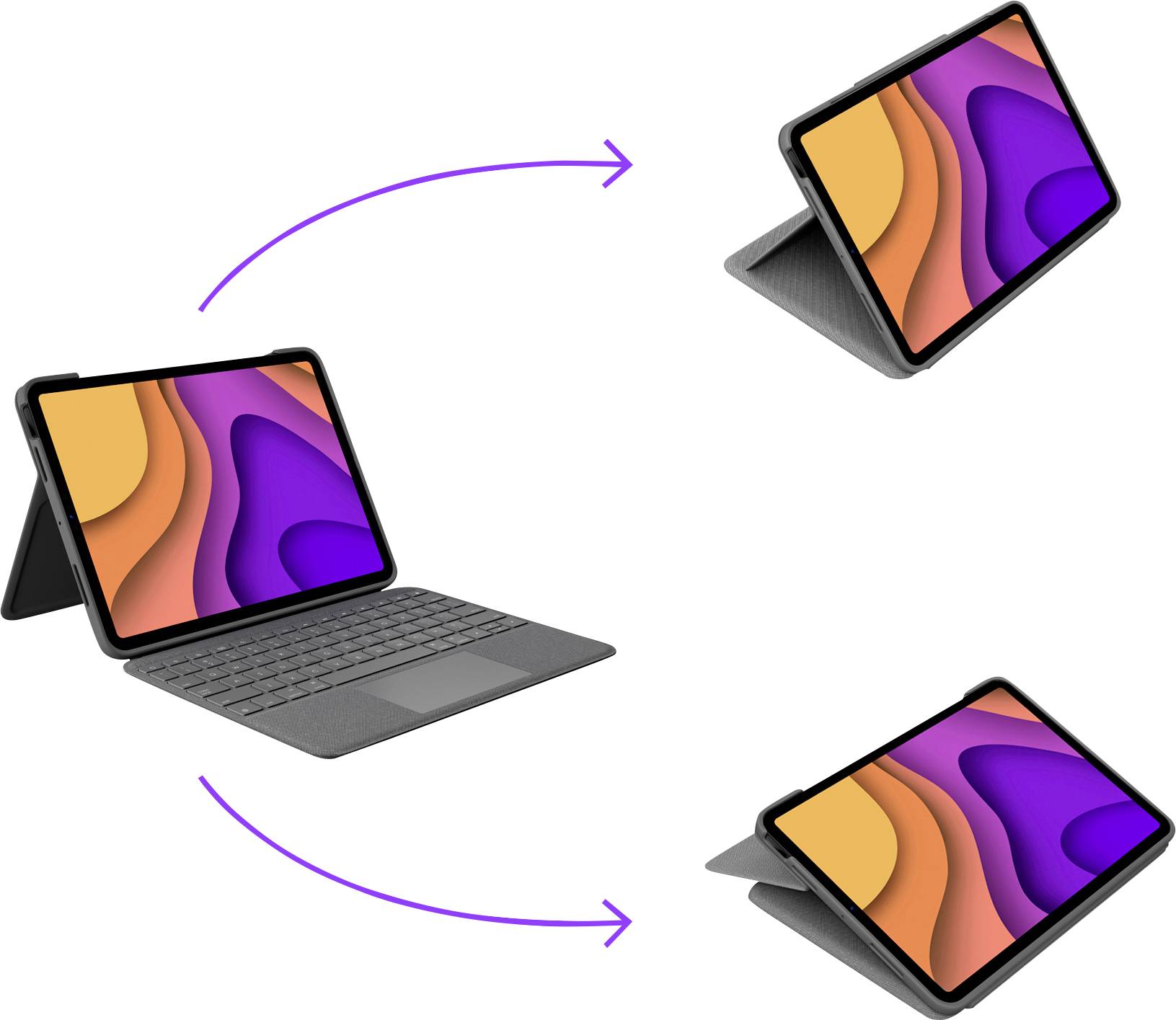 Egy tablet egy állítható tokján három különböző pozíció között válthat: álló, dőlt és vízszintes helyzetben.