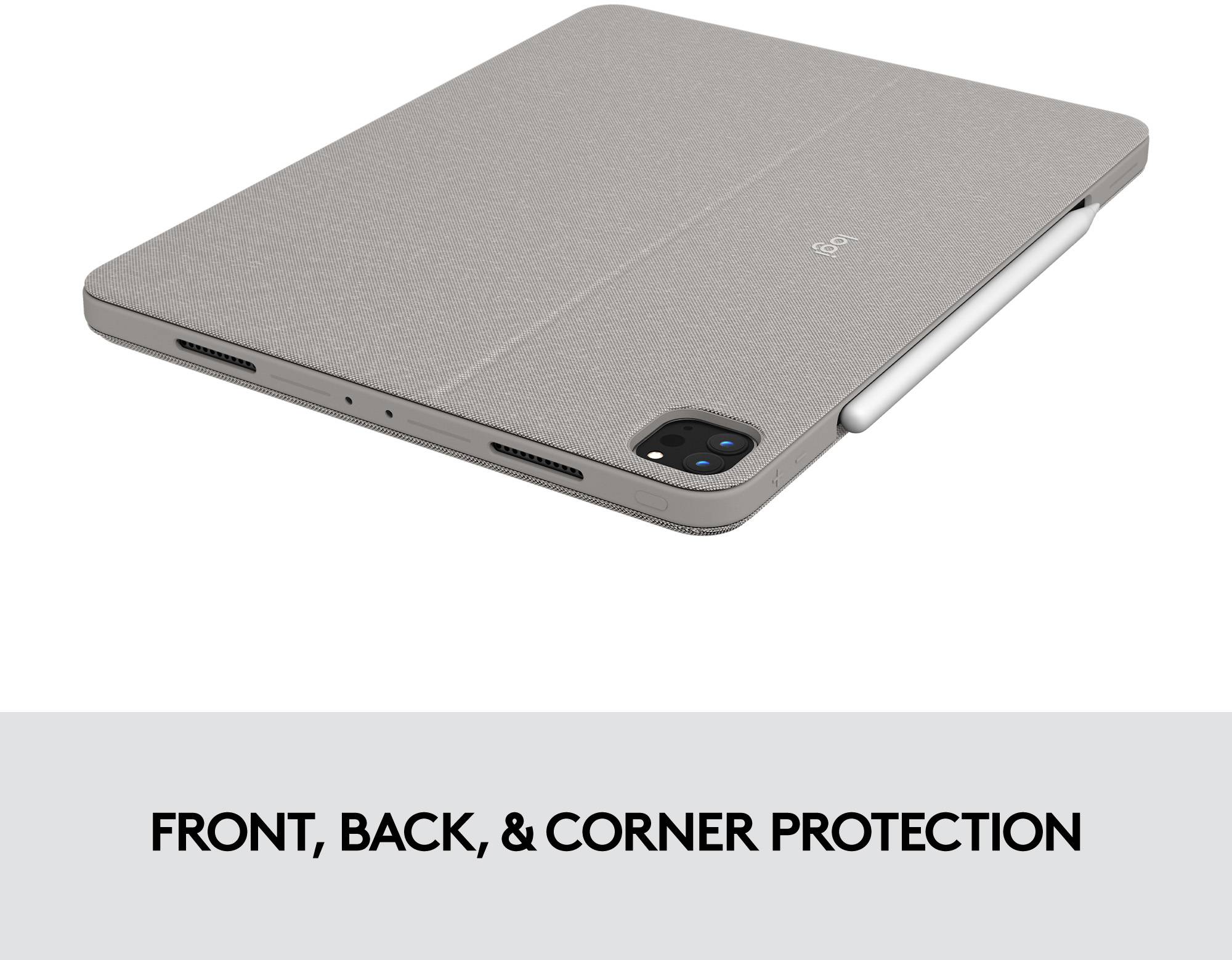 Táblagép tartóval és ceruzatartóval, asztalon fektetve. Szöveg lent: 'Védelem az elő-, hátoldal és sarkok számára'.