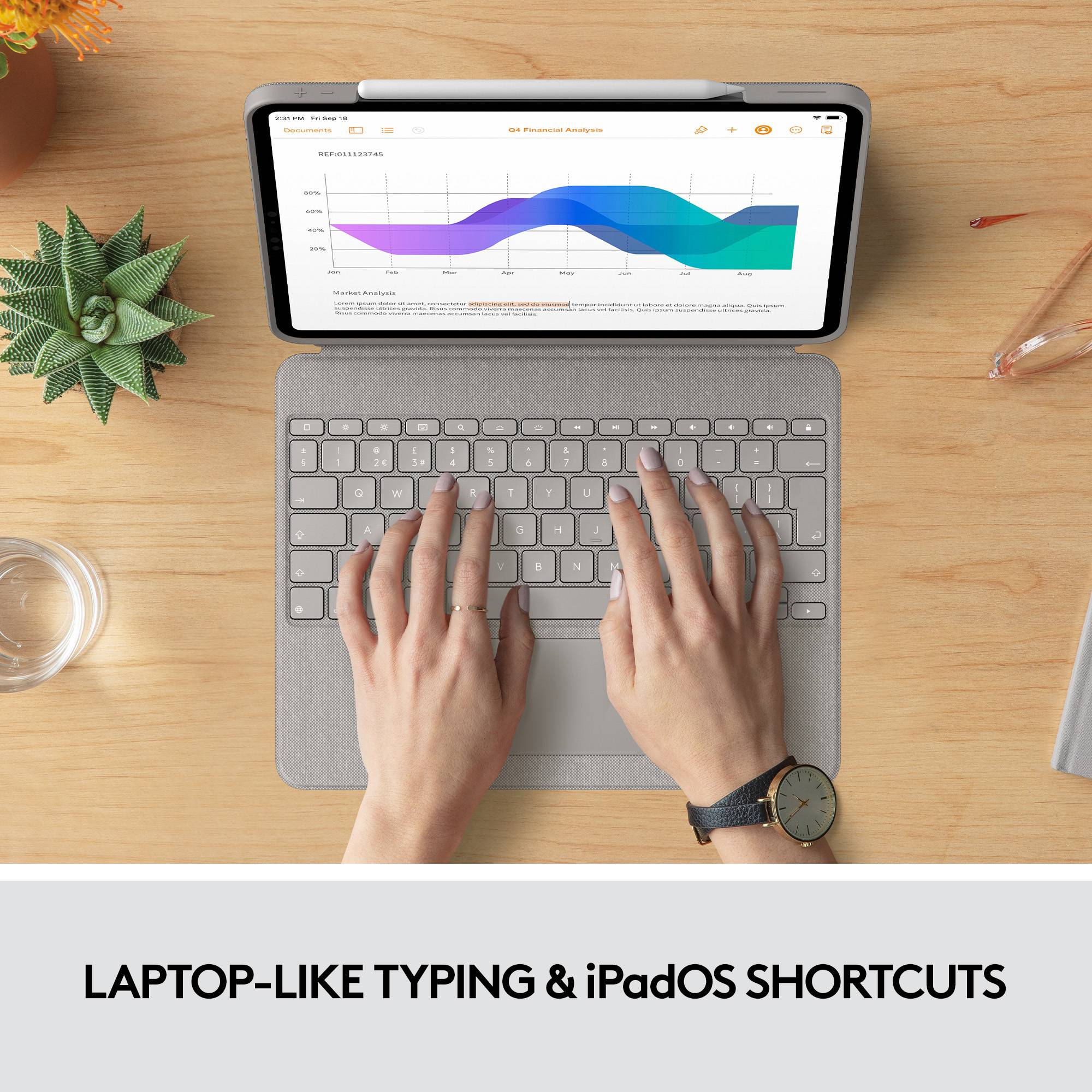 Egy személy egy iPad-billentyűzeten gépel, amely egy asztalon fekszik. Az iPad kijelzőjén egy színátmenetekkel teli diagram látható.