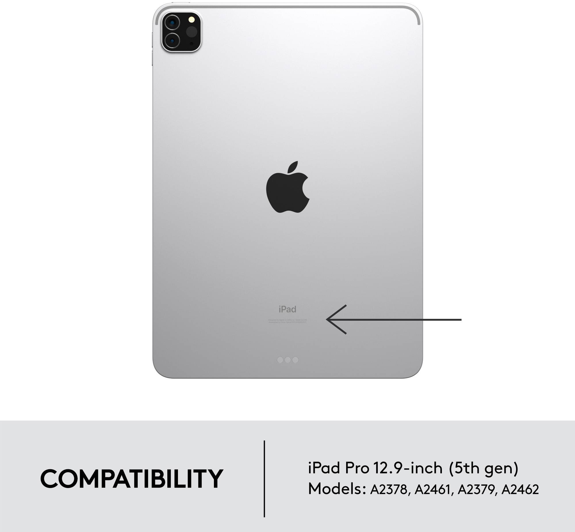 A 12,9 hüvelykes iPad Pro (5. generáció) hátulnézetben, ezüst színben, kompatibilitási adatok lent: A2378, A2461, A2379, A2462 modellek.