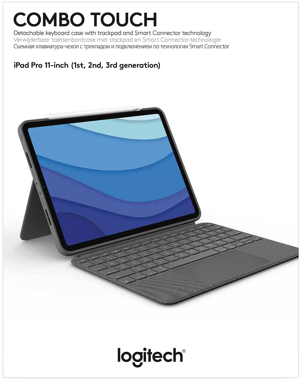 Logitech 'Combo Touch' iPad Pro 11 hüvelyk (1-3. generáció) billentyűzet és tok, levehető dizájn, Smart Connector-ral integrálva.