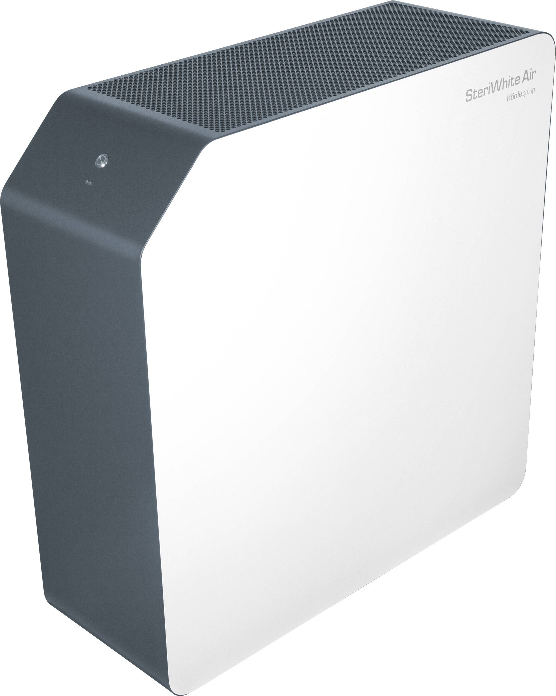Légtisztító modern dizájnnal, egyszerű fehér előlappal és sötét burkolattal. Balra fent egy kis fény világít.