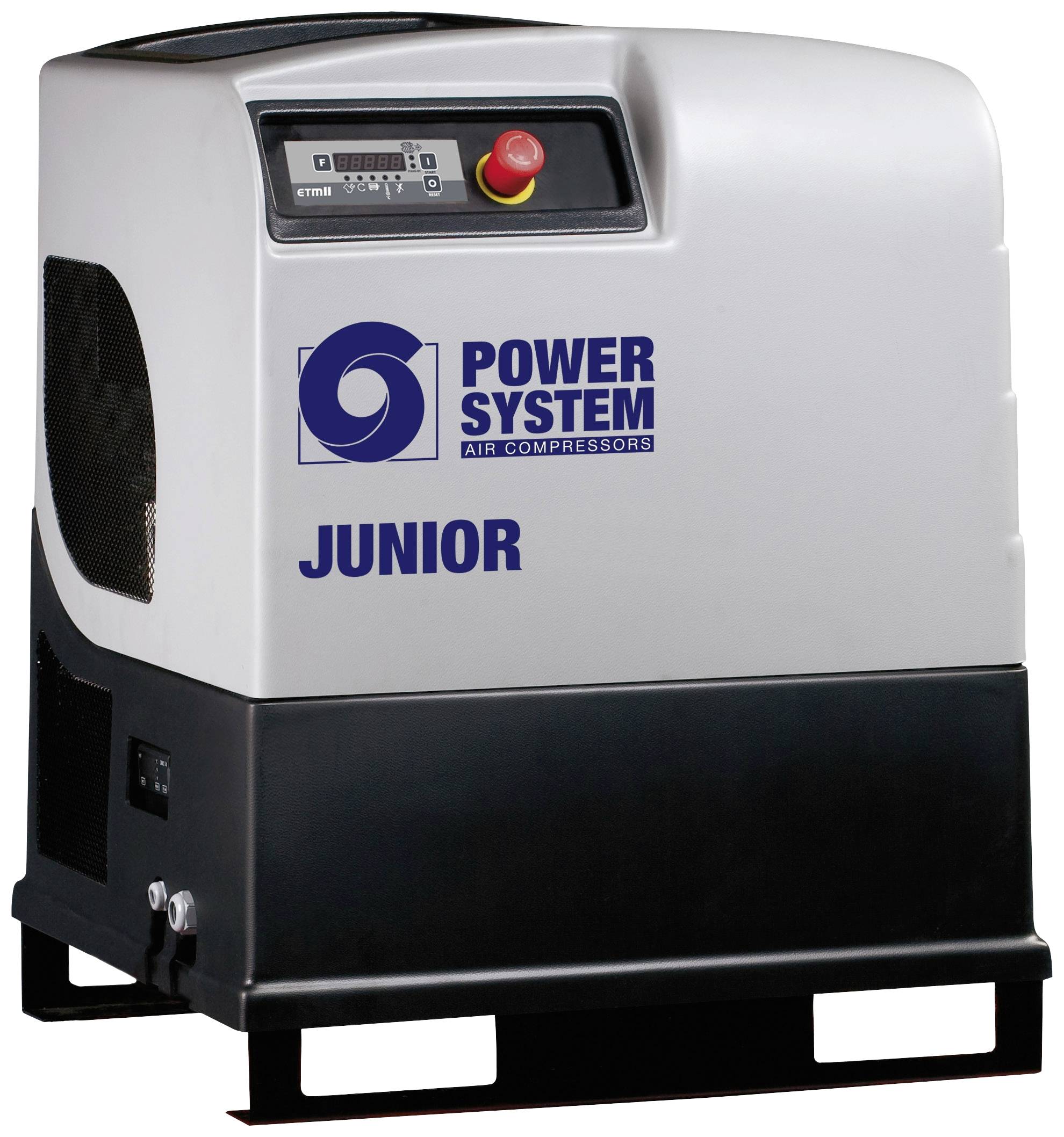 Szürke-fekete légkompresszor a 'POWER SYSTEM AIR COMPRESSORS JUNIOR' logóval. Vészleállító gomb és kijelző látható.