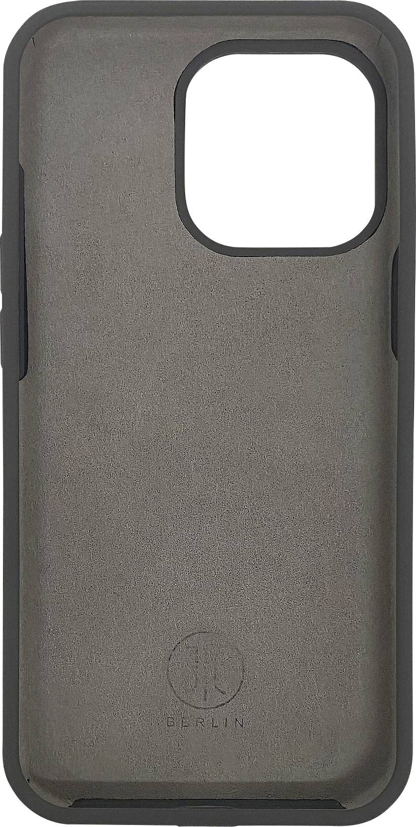 'Szürke, robusztus mobiltelefon tok csúszásmentes felülettel, alkalmas iPhone modellekhez. A hátoldalán gravírozott "BERLIN" logó.'