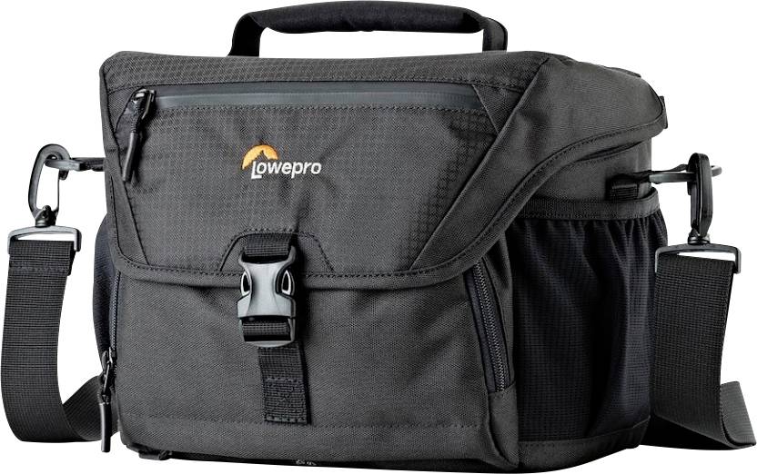 Fekete Lowepro márkatáska fényképezőgéphez, fogantyúval, állítható vállpánttal és több cipzáras rekesszel.