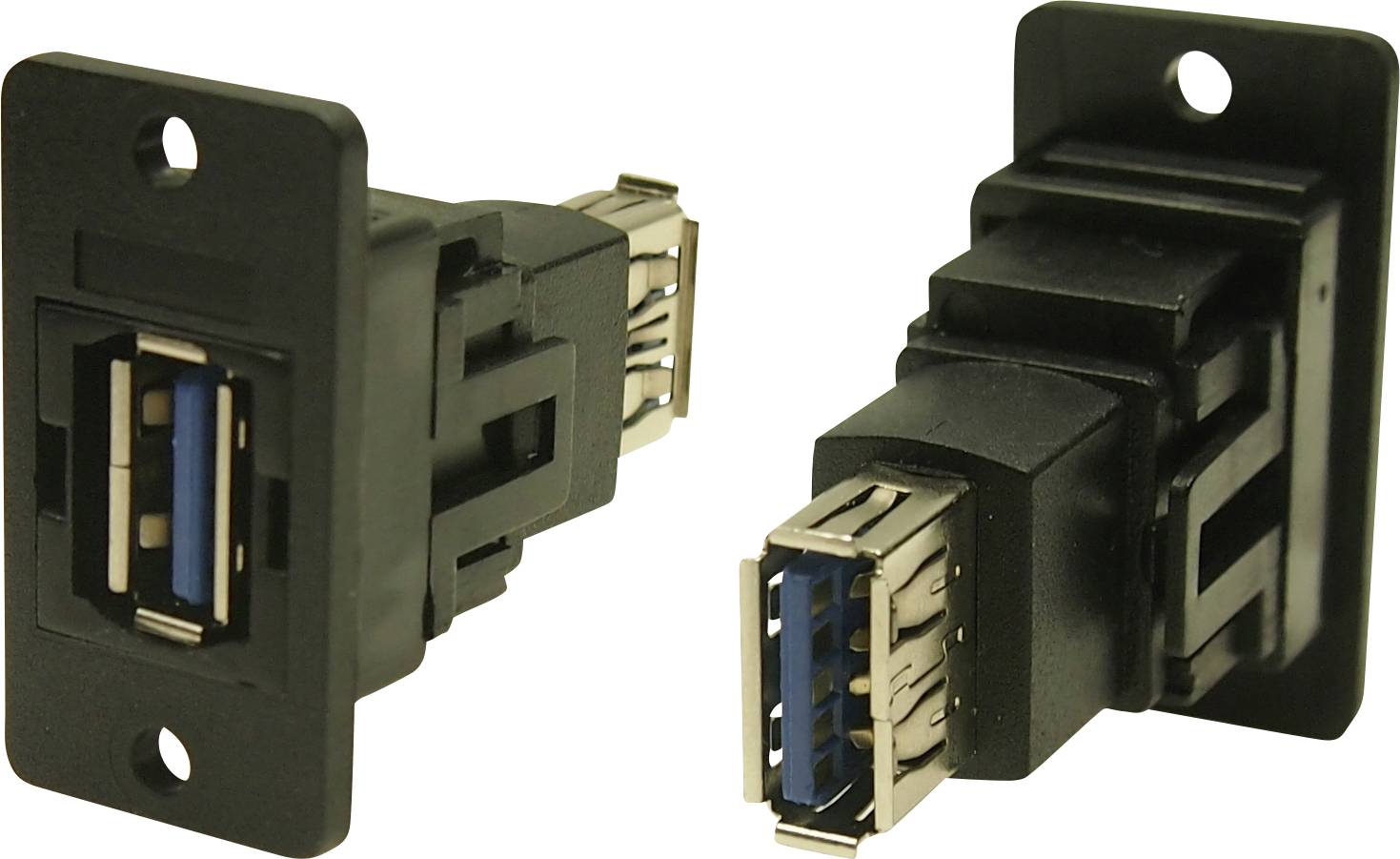 Két fekete USB-csatlakozó fémérintkezőkkel, fal- vagy panelszerelésre alkalmas. Felül egy rögzítőlap fúráspontokkal.