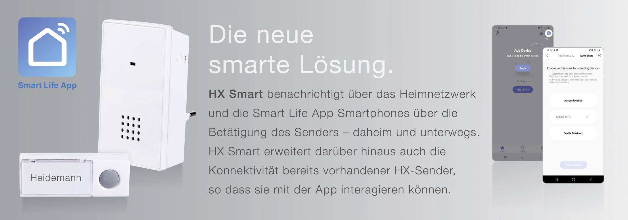 'Az új intelligens megoldás.'<br><br>A szöveg a HX Smart funkcionalitásairól és alkalmazásáról szól, amely képeket tartalmaz egy eszközről, egy alkalmazás felületéről és egy kapucsengőről.