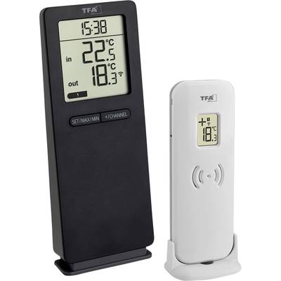 Két digitális hőmérő. Balra: Nagy kijelző belső hőmérséklettel (22,5°C) és külső hőmérséklettel (18,3°C), pontos idő (15:38). Jobbra: Kis külső érzékelő eszköz (19,8°C).