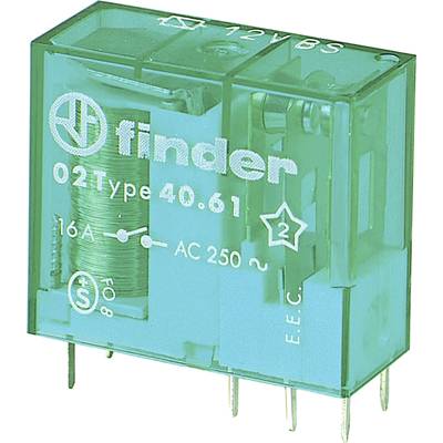Egy zöld elektromos modul 'finder 02 Type 40.61' felirattal, 16A és 250V váltóáramhoz alkalmas, fém dugaszolóérintkezőkkel.