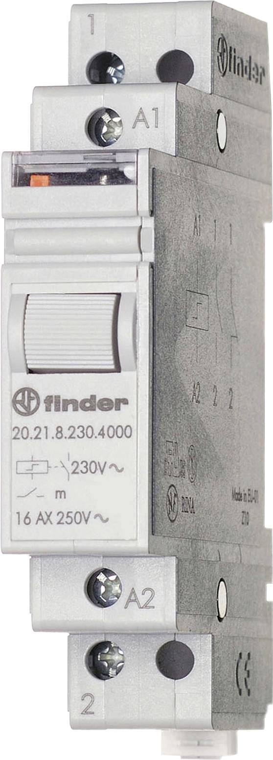 Egy Finder gyártmányú elektromechanikus relé, univerzálisan telepíthető, alkalmas 16 A terhelésre 250 V-on, DIN-sínre szerelhető.