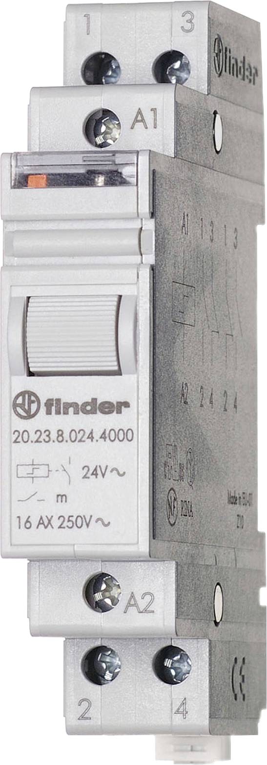 Egy elektronikus relé 'finder' felirattal, 24V~ feszültséggel, 16 AX 250V~ áramerősséggel, függőleges pozícióban ábrázolva.