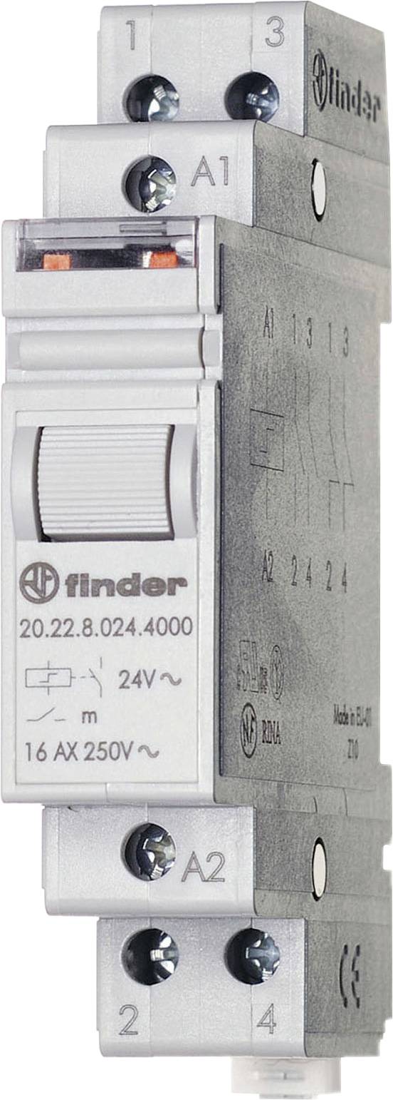 'Finder Relais 20.22' szürke házán, az elektromos specifikációk oldalra nyomtatva, 24V váltóáramhoz és 250V névleges feszültséghez használva.