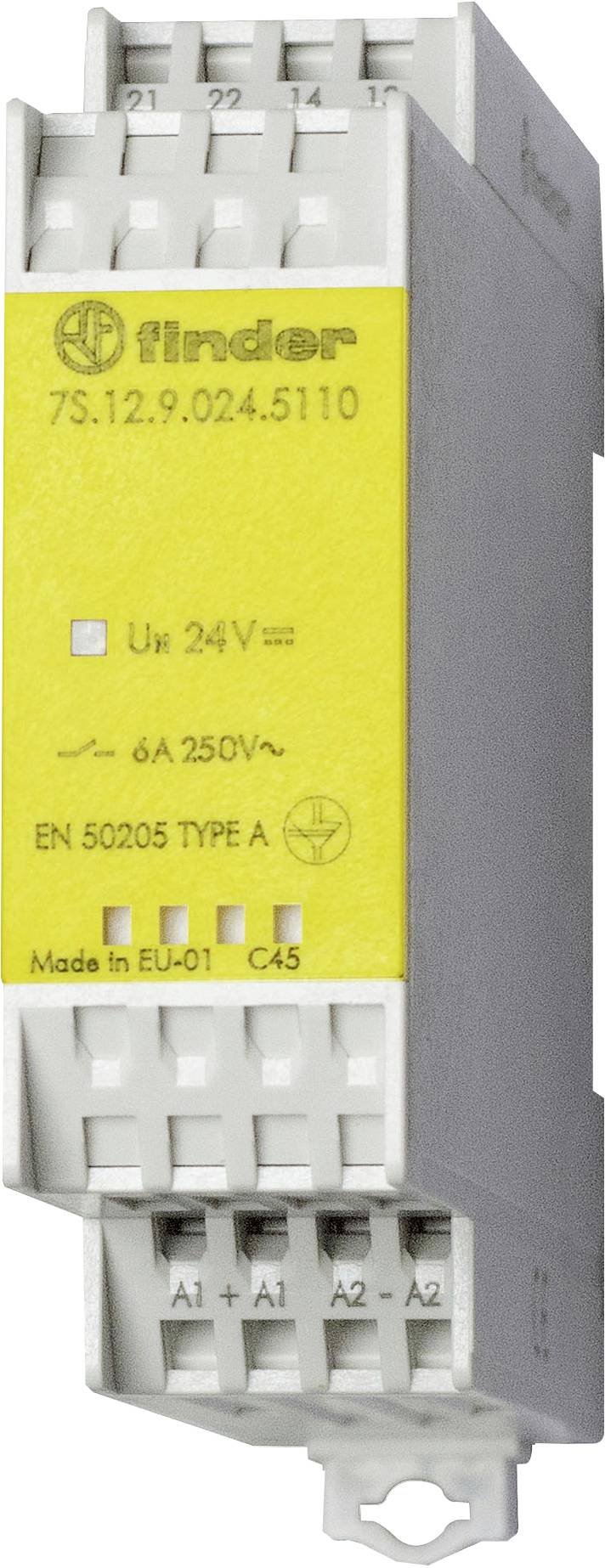 Finder relé modul a '7S.12.9.024.5110' felirattal. Sárga jelölése: '6A 250V~', 'EN 50205 TYPE A'.