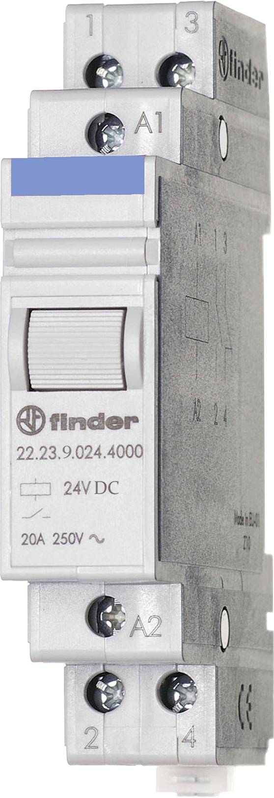 Egy Finder 22.23.9.024.4000 típusú 24 V DC relé. Névleges teljesítménye 20 A 250 V váltóáram esetén.