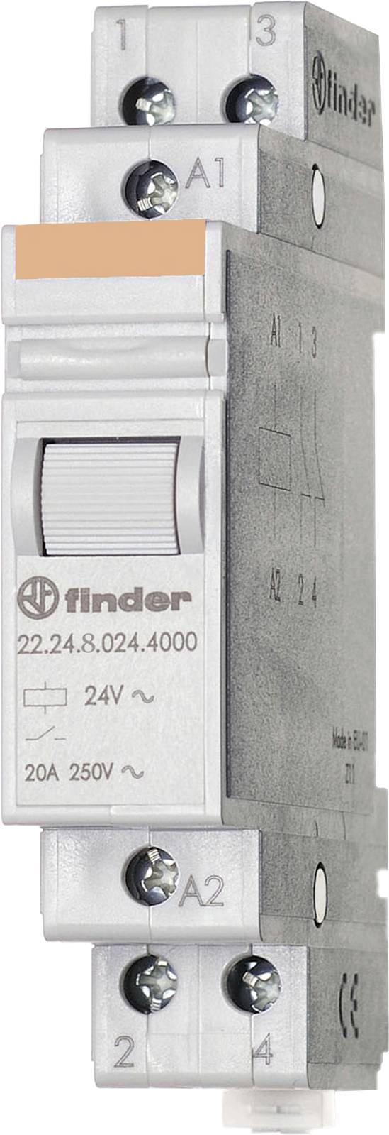 'Finder Relais 22.24.8.024.4000', 24V, 20A, 250V~. DIN-sínre szerelhető. Ezüstszínű ház, jól látható sorozatszámmal és márkalogóval.